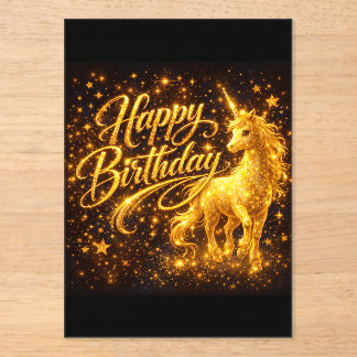 Golden Stardust Birthday — Fantasy Unicorn Acrylic Invitations
