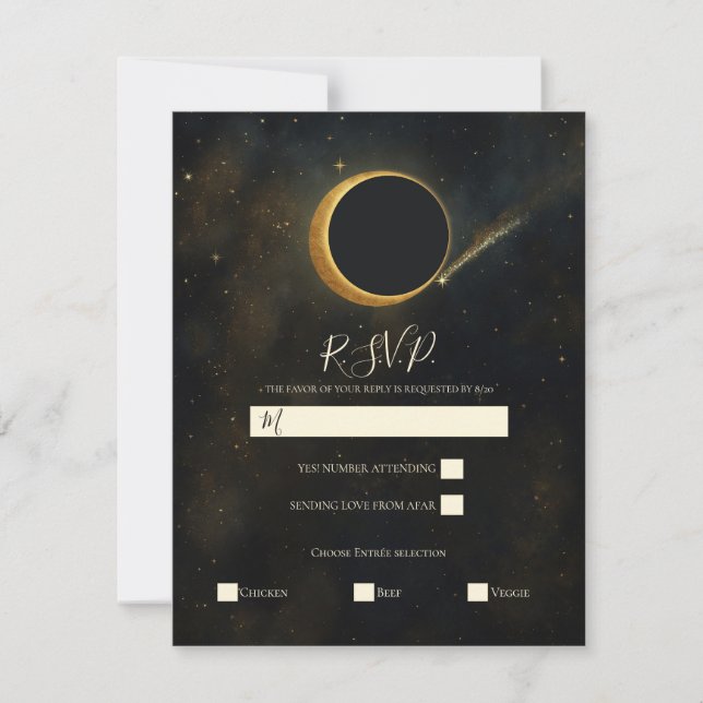 Golden Stardust Eclipse Celestial Wedding RSVP Invitation (Front)