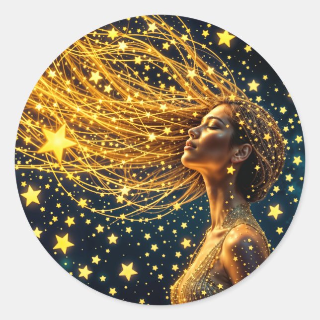 Golden stardust fashion beauty girl glow sky classic round sticker (Front)