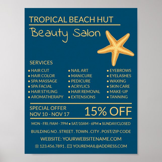 Golden Starfish, Beautician, Beauty Salon Advert Poster (Front)