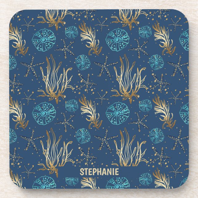 Golden Starfish & Coral Reef Pattern on Blue Coaster (Front)