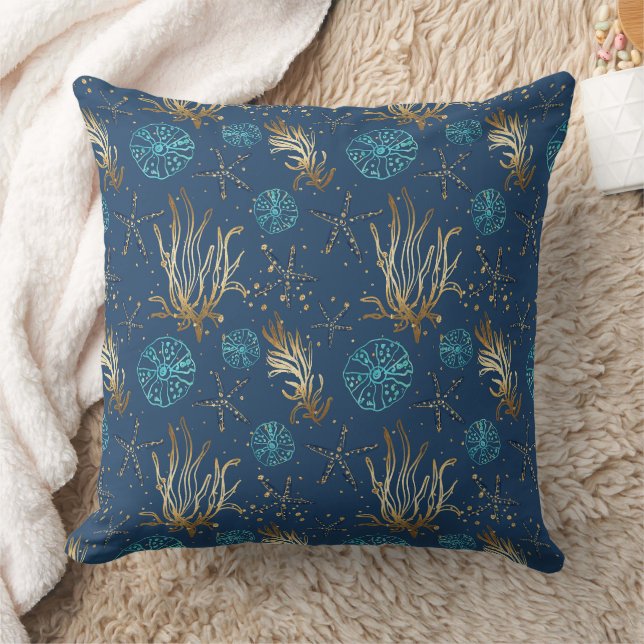 Golden Starfish & Coral Reef Pattern on Blue Cushion (Blanket)