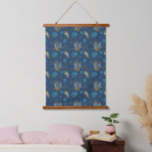 Golden Starfish & Coral Reef Pattern on Blue Hanging Tapestry