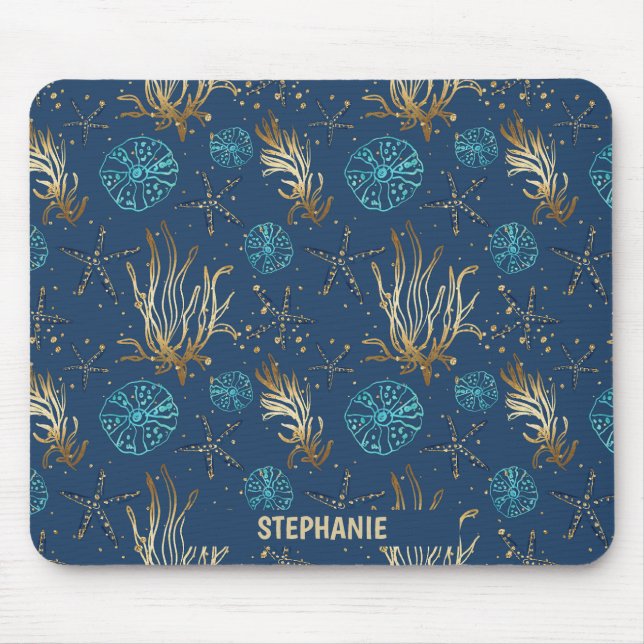 Golden Starfish & Coral Reef Pattern on Blue Mouse Pad (Front)