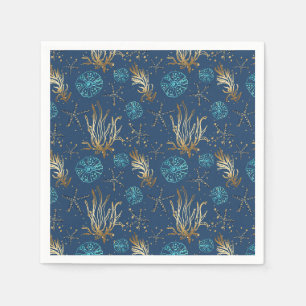 Golden Starfish & Coral Reef Pattern on Blue Napkin