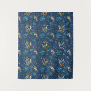 Golden Starfish & Coral Reef Pattern on Blue Tapestry