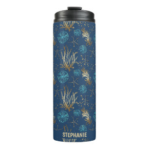 Golden Starfish & Coral Reef Pattern on Blue Thermal Tumbler
