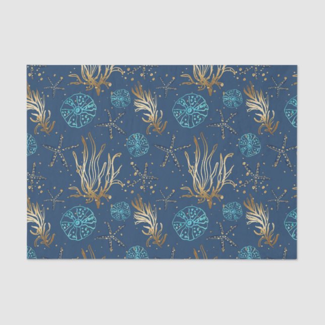 Golden Starfish & Coral Reef Pattern on Blue Tissue Paper (Front)