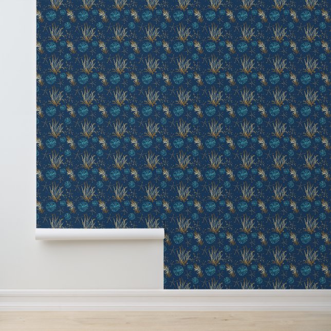 Golden Starfish & Coral Reef Pattern on Blue Wallpaper (Application)