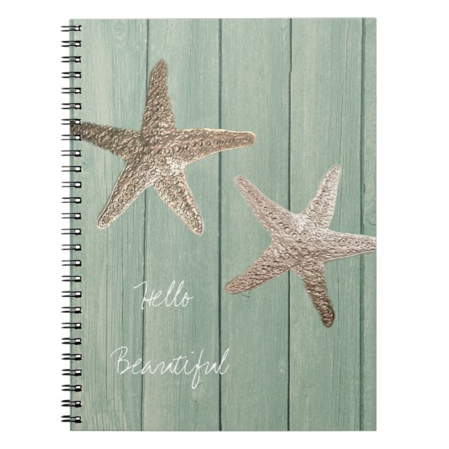 Golden Starfish & Wood Elegant Beach Custom Chic Notebook (Front)