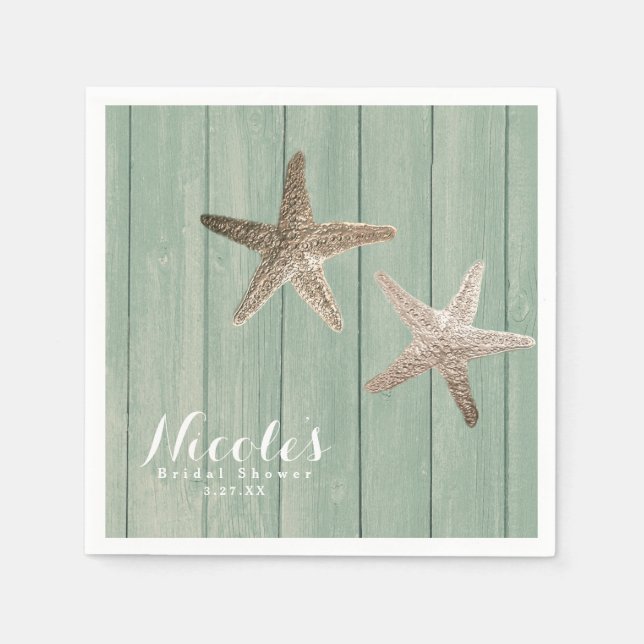 Golden Starfish & Wood Elegant Beach Custom Party Napkin (Front)