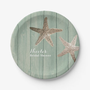 Golden Starfish & Wood Elegant Beach Custom Party Paper Plate
