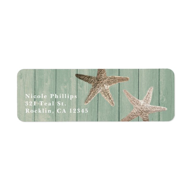 Golden Starfish & Wood Elegant Beach Invitation Return Address Label (Front)