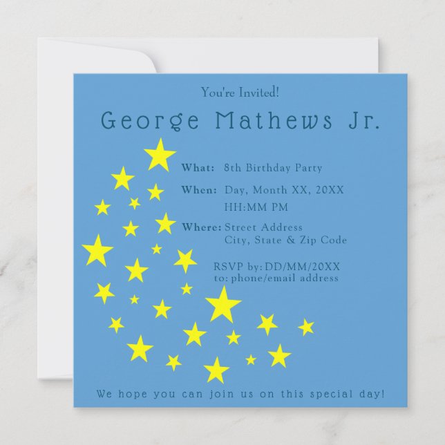 Golden Starry Moon on Picton Blue Happy Birthday Invitation (Front)
