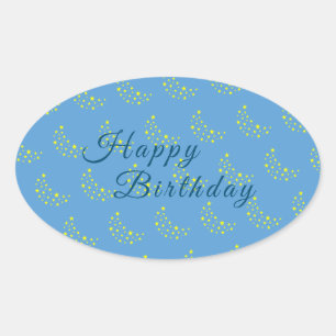 Golden Starry Moon, Picton Blue Happy Birthday Oval Sticker
