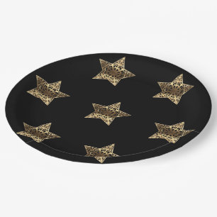 Golden Stars Black and Gold Festive Elegant Paper Plate