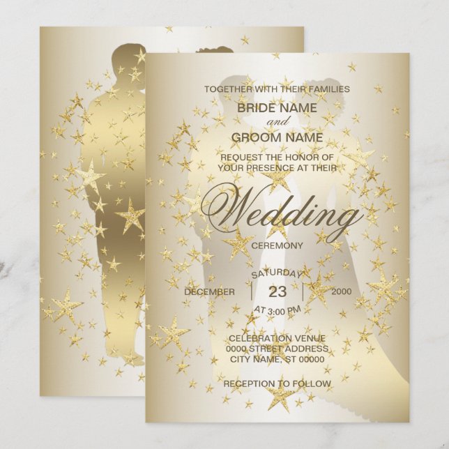 Golden Stars Bride And Groom Wedding Invitation (Front/Back)