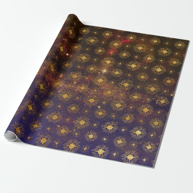 Golden Stars Celestial Galaxy Firmament Wrapping Paper (Unrolled)