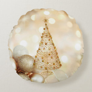 Golden Stars Christmas Tree Ornament Balls Bokeh Round Cushion