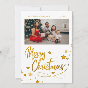 Golden Stars Christmas Typography One Photo Holiday Card