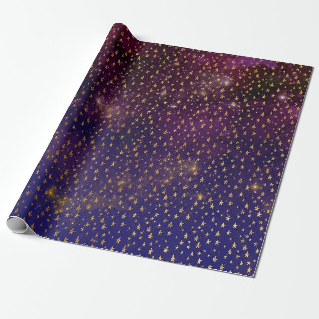 Golden Stars Confetti Celestial Firmament Purple Wrapping Paper (Unrolled)
