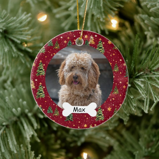 Golden Stars Custom Pet Puppy Dog Photo Ceramic Ornament (Tree)