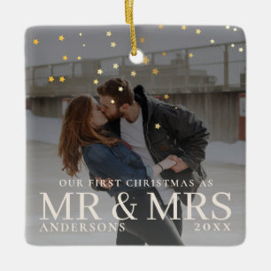 Golden Stars Dark Dusky Couple Christmas Photo Ceramic Ornament