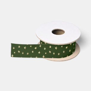 Golden Stars Dark Green Satin Ribbon