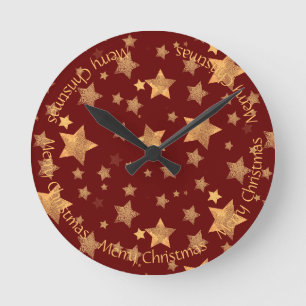 Golden Stars Dark Red Shiny Elegant Stylish Chic Round Clock