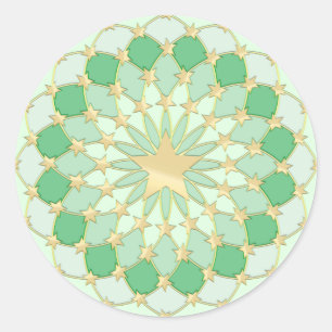 Golden stars expanding circles on pastel green classic round sticker