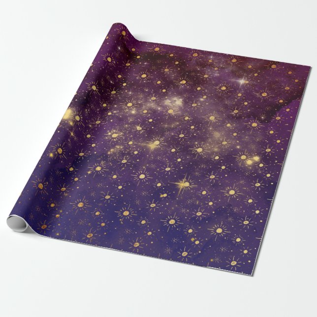 Golden Stars Galaxy Celestial Planets Purple Wrapping Paper (Unrolled)