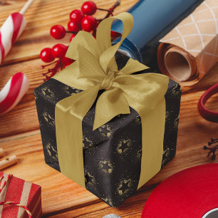 Golden Stars Glowing On Black Pattern Wrapping Paper