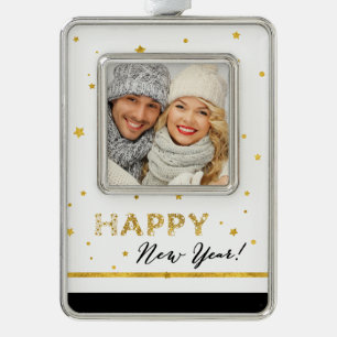 Golden Stars - Happy New Year Silver Plated Framed Ornament