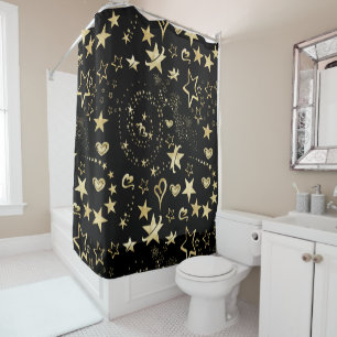 Golden Stars & Hearts Pattern  Shower Curtain