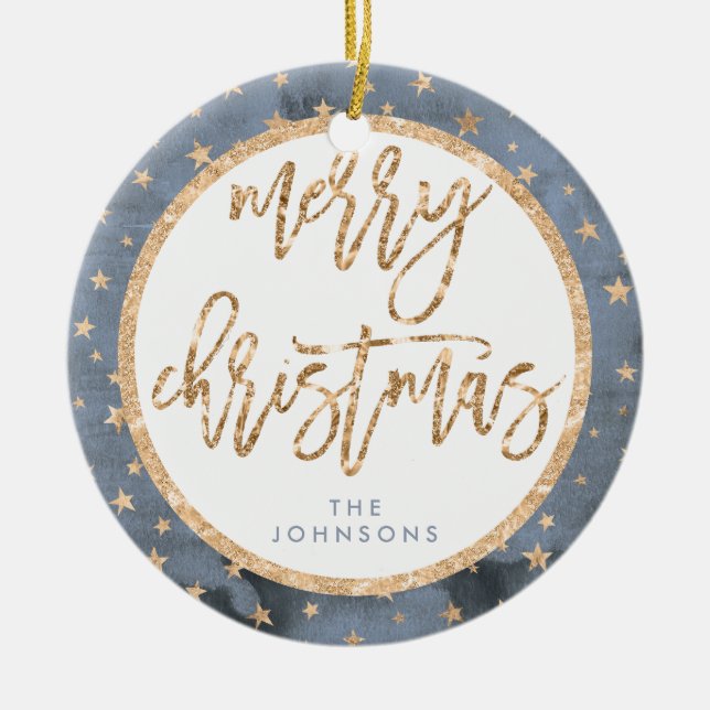Golden Stars Merry Christmas Ornament Ceramic (Front)