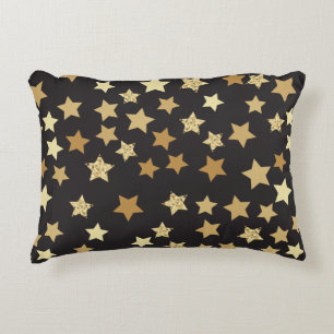 Golden Stars on Black Background Pattern Decorative Cushion