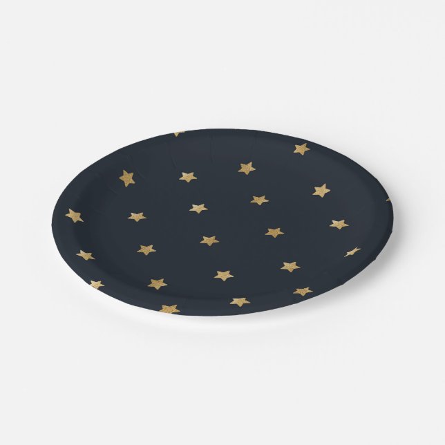Golden Stars on Midnight Black Paper Plate (Angled)