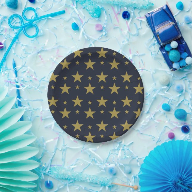 Golden Stars on Navy Blue – Elegant and Timeless Paper Plate (Party)