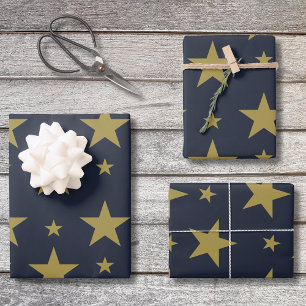 Golden Stars on Navy Blue – Elegant and Timeless Wrapping Paper Sheet