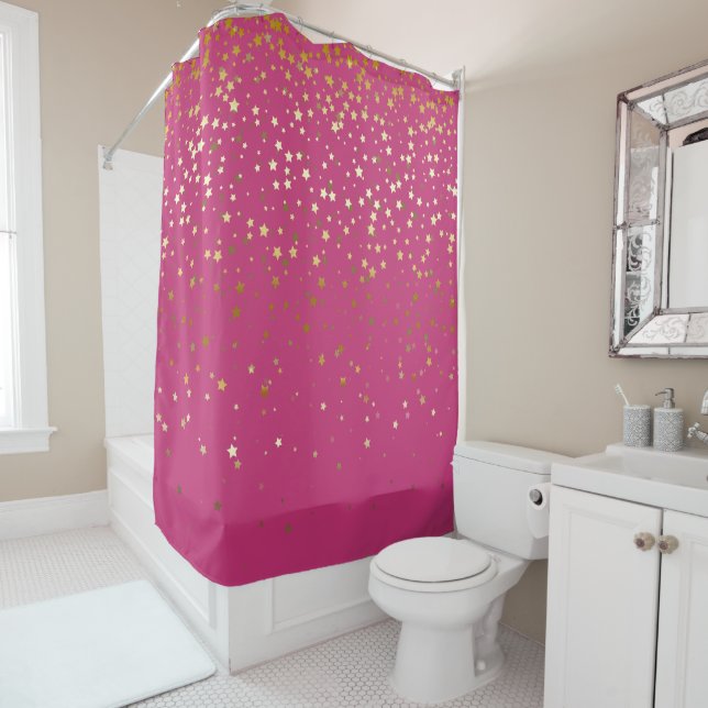 Golden Stars Shower Curtain in Raspberry (In Situ)