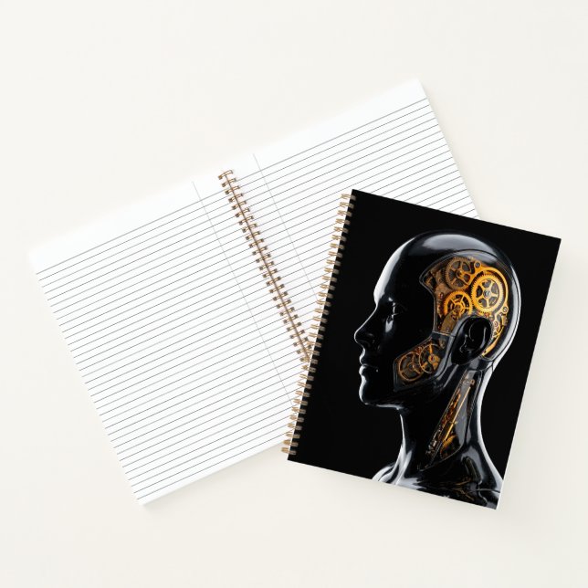 Golden Steampunk Cyborg Glowing Blue Neo Deco Notebook (Inside)