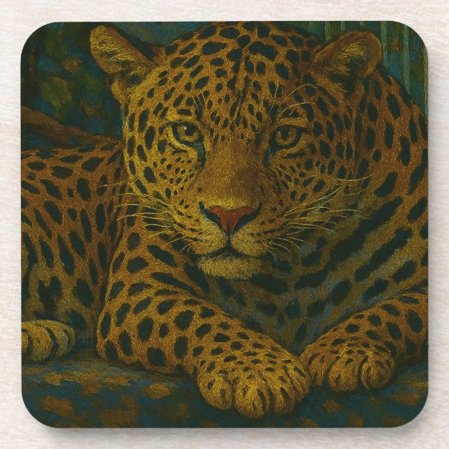 Golden Stillness – Resting Leopard in Foliage Coaster (Front)