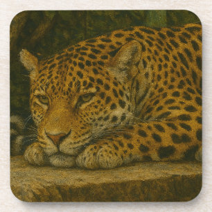 Golden Stillness – Resting Leopard in Foliage Coaster