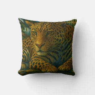 Golden Stillness – Resting Leopard in Foliage Cushion