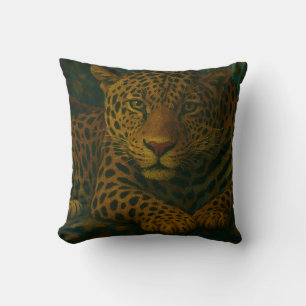 Golden Stillness – Resting Leopard in Foliage Cushion