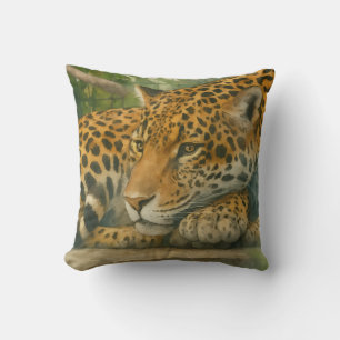 Golden Stillness – Resting Leopard in Foliage Cushion