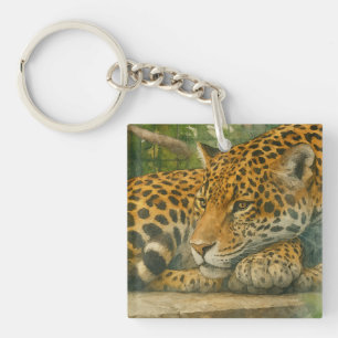 Golden Stillness – Resting Leopard in Foliage Key Ring