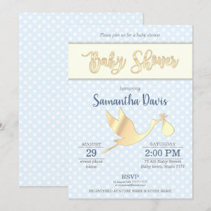 Golden Stork Baby Boy Baby Shower Invitation