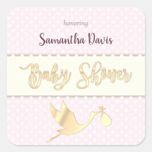 Golden Stork Baby Girl Baby Shower Square Sticker