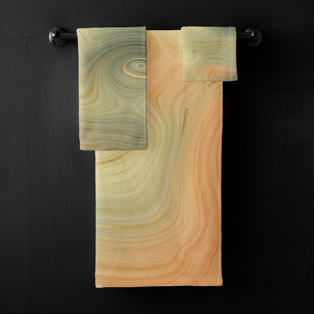 Golden Strata | Peach Burnt Orange Green Agate Bath Towel Set (Creator Uploaded)